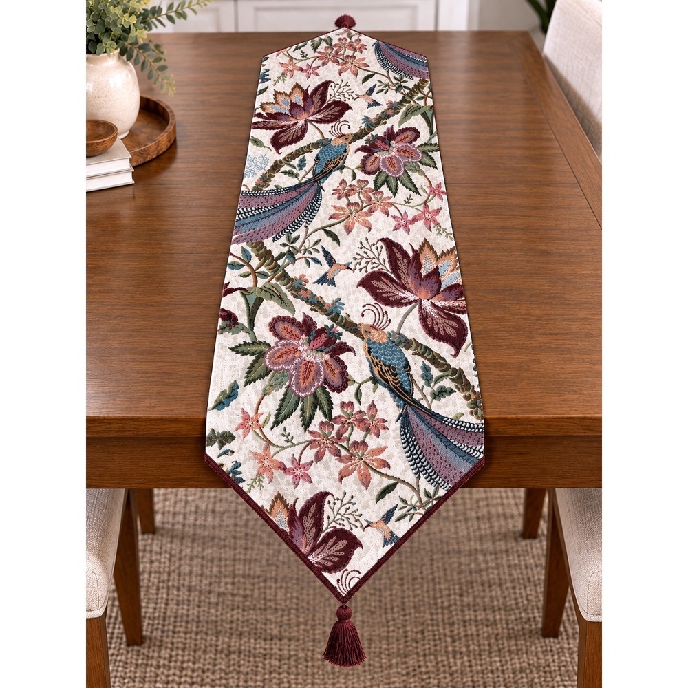 Vintage Woven Tapestry Table Runner Floral Bird Motif Burgundy Tassels 64x12